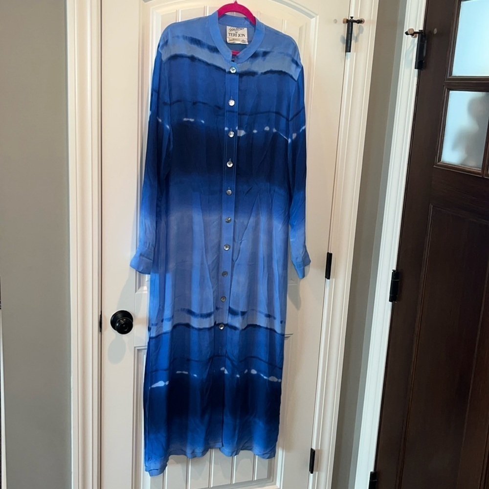 Rickie Freeman Teri Jon Neiman Marcus long button down blue cover/shirtdress 14
